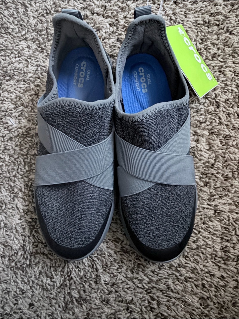 CROCS women’s Gray Slip-On Knit Loafers with Elastic Cross Straps